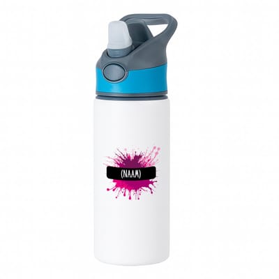 Hacebo® - Verfvlek roze/paars met je eigen naam waterfles met rietje blauw - iemand die houdt van schilderen of kunst - kunstenaars - kunst liefhebbers - schilders - cadeau - verjaardagscadeau - kado - gift - water fles - 650ML