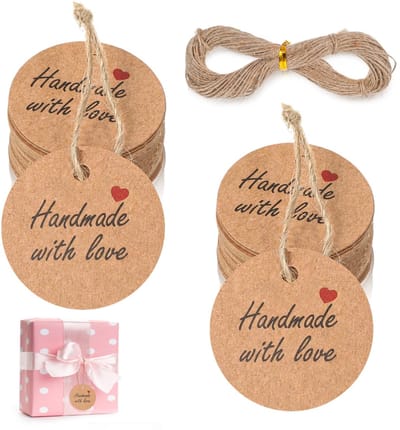 Cosensi- Cadeauhangers 100 stuks - Kraftpapier - Decoratieve Etiketten - Handgemaakt met Liefde - Cadeaulabels - Jutetouw 20 m