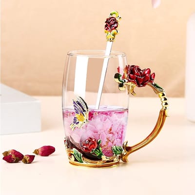 Bloem Glazen Theekopje met Emaille - Rozen Drinkbeker met Lepel en Handgrepen - Koffiebeker voor Verjaardag, Valentijnsdag, Moederdag, Huwelijksverjaardag (Rood Hoog)