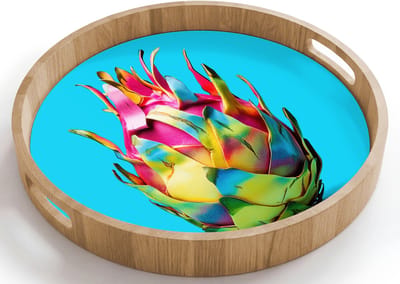 Dienblad rond 40x40 cm - Schootdienblad hout - Drakenfruit - Blauw - Levendig - Borrelplank rechthoek - Plateau houten dienbladen