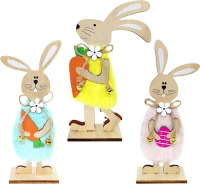 Set van 3 Houten Paashaas Decoraties voor Tuin en Huis, Staande Konijnen Ornamenten voor Pasen