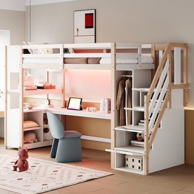 KOMHTOM - Houten hoogslaper - 90 × 200 cm - eenpersoons kledingkast - groot bureau - opbergkast - opbergvak onder het bed - trap met opbergruimte - voorzien van Europese stopcontacten en LED-lichtlijsten - houtkleur