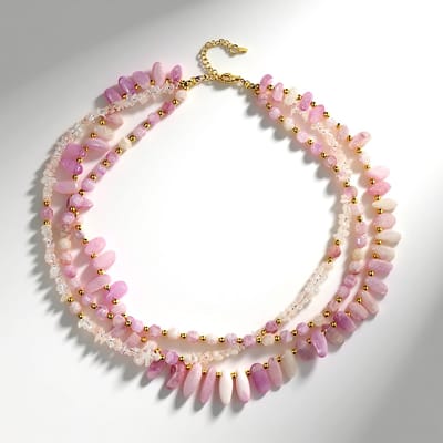 Cavill - 925 Sterling Zilver Ketting - 18K Goud Verguld - Kunziet 0.38 ct & Rozenkwarts Edelsteen - Gouden Hematiet Kralen - Fijn Facet Boho Sieraad