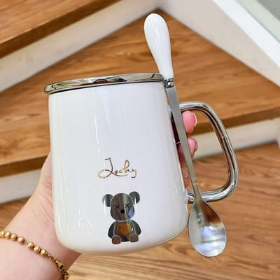 Mok met Deksel Lepel Keramische Kop voor Vrouwen Thuisstel Waterbeker Kantoor Koffiekop voor Jongens Theekop Hoge Uitstraling 301-400ml