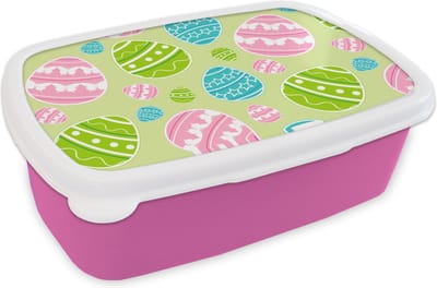 Broodtrommel Roze - Lunchbox - Brooddoos - Paasei - Patronen - Pasen - 18x12x6 cm - Kinderen - Meisje
