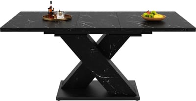 Zwart Marmerlook MDF Uitschuifbare Eettafel Metalen X Onderstel 119.5-159x80cm Voor 4-6 Personen