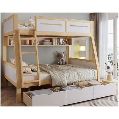ModernLuxe Houten stapelbed 90×200 cm + 120×200 cm - met ladder en 3 laden - wit + naturel (zonder matras)