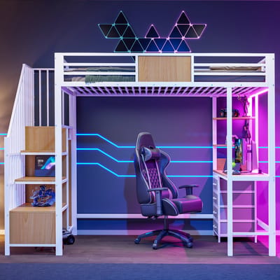 REDOM - Hoogslaper - Met Bureau En Opbergvakken - Modern - Voor Kleine Ruimtes - Metaal - Wit - 90 X 200 Cm