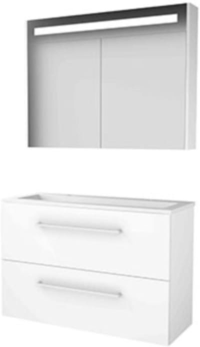 Basic-Line Premium 39 Badkamermeubelset - Ondiep - 100 x 39 cm - Met Grepen - 2 Lades - Acryl Wastafel - 2 Kraangaten - Spiegelkast met LED Verlichting - Ice White