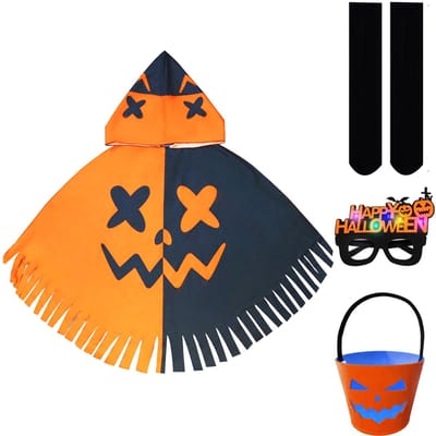 Dailygoods- Spookkostuum Kinderen - Pompoencape met Hoed - Snoepemmer - LED-Brilframe - Sokken - Halloween Decoratie - Halloween Kostuum