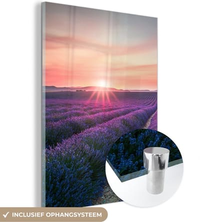 MuchoWow® Glasschilderij 30x40 cm - Schilderij acrylglas - Lavendel - Paars - Bloemen - Lucht - Foto op glas - Schilderijen