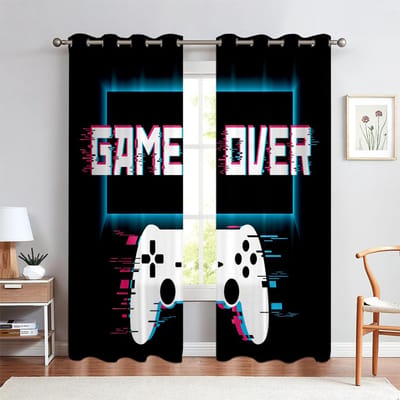2 STUKS Gordijnen met Gamecontroller-patroonprint, Translucente Decoratieve Gordijnen Voor E-Sports Kamer Slaapkamer En Woonkamer W50xH140(CM)x2PCS&Rod pocket white