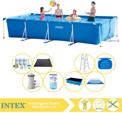 Intex Rechthoekig Frame Zwembad - 450 x 220 x 84 cm - Blauw - Inclusief Solarzeil - Onderhoudspakket - Zwembadfilterpomp - Filter - Grondzeil - Solar Mat - Ladder - Voetenbad - 9-delig