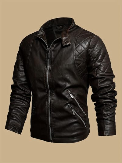 Veste de motard vintage en similicuir pour homme - Coupe-vent, doublure polaire chaude, multi-poches, fermeture éclair avec motif matelassé en losanges brodés, poignets réglables XXXXL