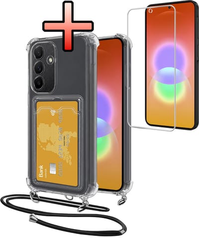 Hoes Geschikt voor Samsung Galaxy A27 Hoesje Pasjeshouder Cover Met Koord Shock Proof Case Siliconen Hoes Met Telefoonkoord en Kaarthouder Met Screenprotector - Transparant