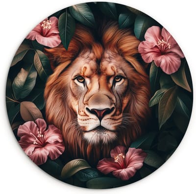 WallCircle® Wandcirkel 120x120 cm - Muurcirkel Leeuw - Roze bloemen - Bladeren - Botanisch - Muurdecoratie woonkamer - Wanddecoratie slaapkamer - Kamer decoratie accessoires - Ronde schilderijen XXL