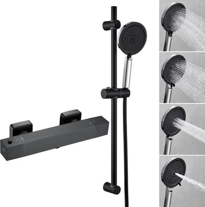 Auralum Max Doucheset Zwart - Inclusief thermostaatkraan Douchekraan - 15 cm Hartafstand - 70 cm Verstelbaar Glijstang - Met 4 Standen Douchekop -150 cm Doucheslang - Waterbesparend - Zwart