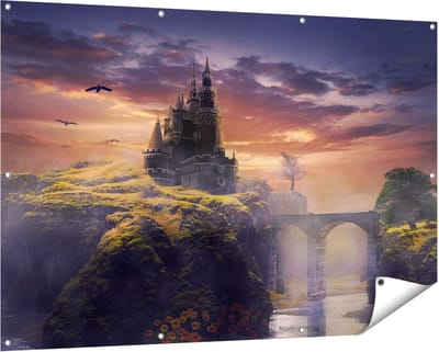 Gards Tuinposter Oud Kasteel op een Heuvel - 150x100 cm - Tuindoek - Tuindecoratie - Wanddecoratie buiten - Tuinschilderij