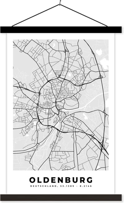 Posterhanger incl. Poster 40x60 cm - Schoolplaat - Stadskaart - Plattegrond - Oldenburg - Kaart - Duitsland - Textielposter - Zwarte latten - Stadskaart