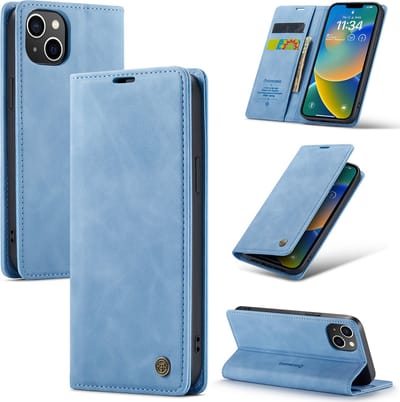Casemania Hoesje Geschikt voor Apple iPhone 14 Sky Blue - Dunne Portemonnee Book Case - Slim Wallet Case met Pasjeshouder