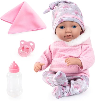 Bayer Design Reborn pop, pasgeboren babypop, levensecht, realistische, fopspeen, fles, knuffeldeken
