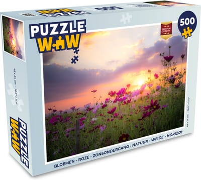 Puzzel Bloemen - Roze - Zonsondergang - Natuur - Weide - Horizon - Legpuzzel - Puzzel 500 stukjes