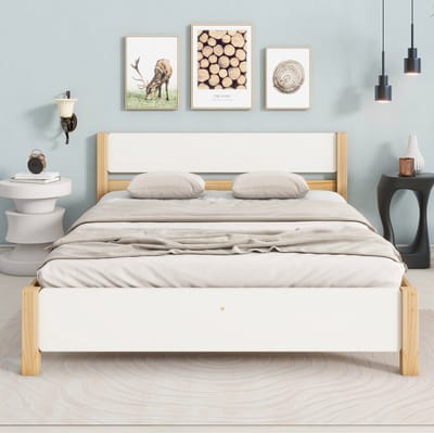 Tweepersoonsbed, houten bed, grenen frame, centrale steun, geschikt voor tieners en volwassenen, hoofd- en voetbord van MDF, wit + naturel houtkleur, 140x200 cm.