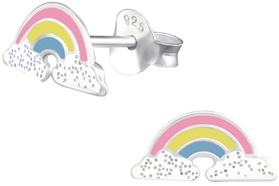 Joy|S - Zilveren regenboog oorbellen - pastel kleurtjes met glitter - 11 x 5 mm