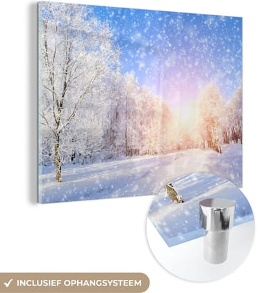 MuchoWow® Glasschilderij 40x30 cm - Schilderij acrylglas - Sneeuw - Zon - Winter - Foto op glas - Schilderijen