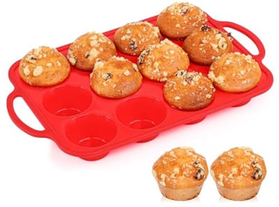 Siliconen Muffinvorm voor 12 Cupcakes - Antiaanbak Bakvorm met Versterkt Frame - BPA-vrij - Rood