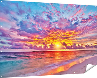 Gards Tuinposter Zonsondergang op het Strand in de Malediven - 180x120 cm - Tuindoek - Tuindecoratie - Wanddecoratie buiten - Tuinschilderij