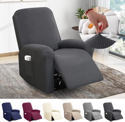 Verstelbare Stoelhoes voor Eenzitter, Stretch Hoes met Zakjes, All-Inclusive Gestreepte Jacquard Bescherming voor Relaxfauteuil en TV-Stoel (Donkergrijs, 4 Stuks)