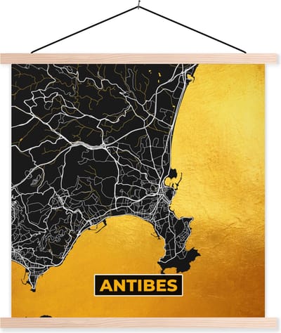 Posterhanger incl. Poster 40x40 cm - Schoolplaat - Frankrijk – Plattegrond – Kaart – Antibes – Stadskaart - Textielposter - Blanke latten - Stadskaart