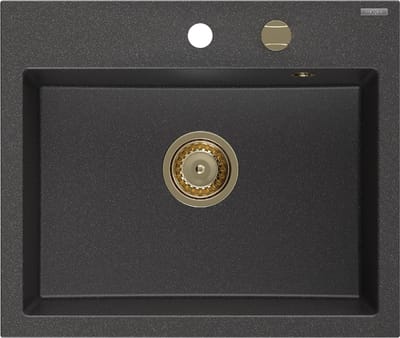 Mexen Oscar granieten spoelbak 1-kompartment 580 x 490 , zwart gespikkeld, gouden sifon - 6519581000-76-G