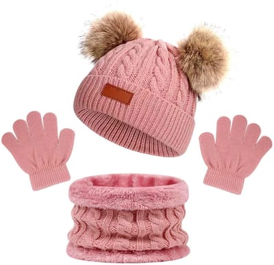 Dailygoody - Winterset Kinderen - Gebreide Muts Handschoenen - Warm en Met Voering - Roze - Met Pompon - Geschikt voor 2-6 jaar - Kindermuts en Sjaal