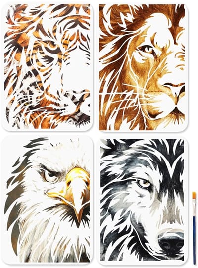 Dailygoods- Diersjablonen 4 stuks - Tijger/Leeuw/Wolf/Adelaar - Herbruikbare Raamsjablonen - A4 29,7 x 21 cm - Inclusief Penseel - Creatief Schilderen - Schilderstencils