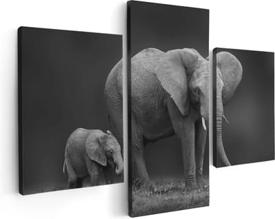 Artaza Canvas Schilderij Drieluik Olifant Moeder En Zoon - Zwart Wit - 90x60 - Foto Op Canvas - Canvas Print