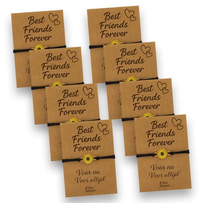 Vriendschapsarmbandjes voor 8 "Best Friends Forever" - Zonnebloem - BFF Armbandjes met Persoonlijk Cadeau Kaartje - Zwart met Bloem Hanger - Op Acht Kaartjes- Pax Amare