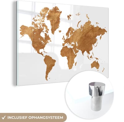 ® Glasschilderij 120x80 cm - Schilderij acrylglas - Wereldkaart - Vintage - Goud - Foto op glas - Muurdecoratie woonkamer - Wanddecoratie slaapkamer - Schilderijen
