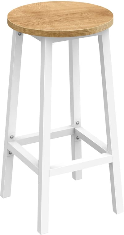 Barkruk – Rond – Eiken Kleur – Witte Metalen Poten – Met Voetsteun – Stevig en Stijlvol – Industriële Stijl – Ideaal voor Keuken en Bar – Ø32x65 cm