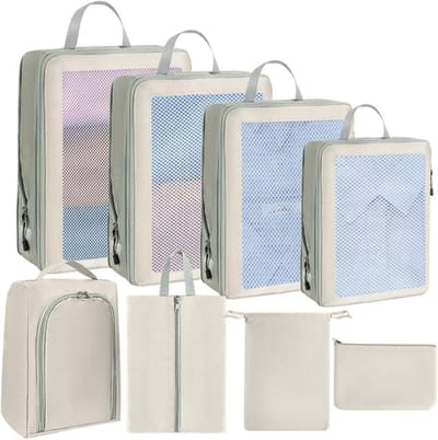 Opbergtas Set - Reisorganizers - Bagage Comprimeren - Waterdicht Nylon - Set van 8 - Beige