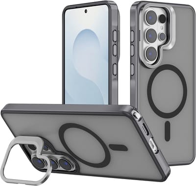 Casemania Hoesje Geschikt voor Samsung Galaxy S26 Ultra - Magnetische Transparante Backcover met Donker Grijze Bumper - Camera Shield Kickstand met Volledige Camera Bescherming - Geschikt voor MagSafe