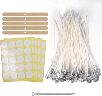 Candle Wicks 15 cm - 100 Stuks, Inclusief Kaarsen Stickers, Kaarsenhouder en Metalen Basis voor DIY Kaarsen Maken