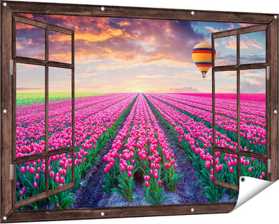 Gards Tuinposter Doorkijk Bloemenveld met Roze Tulpen - Luchtballon - 150x100 cm - Tuindoek - Tuindecoratie - Wanddecoratie buiten - Tuinschilderij
