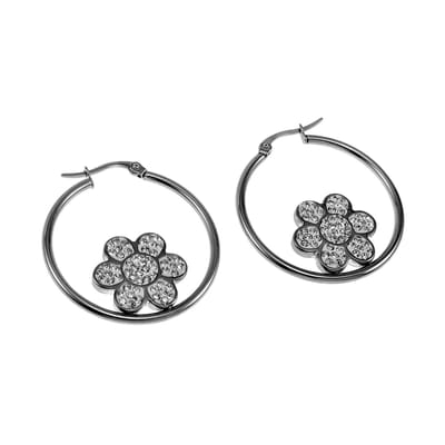 ∅34mm x 2mm Oorbellen Dames - Gepolijst RVS - Oorringen met Fonkelende Bloem