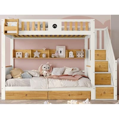 ModernLuxe Stapelbed met opbergtrap - 90x200cm - 4 kluisjes op de trap en 2 lades onder het bed - met lattenbodem - Wit