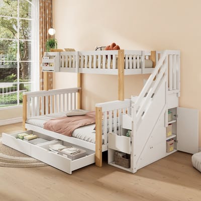 Stapelbed - 90x200 cm - met Trapkast en Schuiflade - inclusief Opbergvakken - Hout - Wit en Natuur