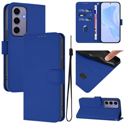 Telefoonhoesje van effen leer met een 'skin feel'-afwerking en draagkoord voor Samsung Galaxy S24 5G (donkerblauw).