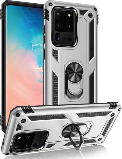HB Hoesje Geschikt voor Samsung Galaxy S20 Ultra - Anti-Shock Hybrid Armor Back Cover - Hoes met Kickstand Ring - Grijs