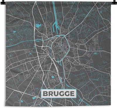 Wandkleed - Wanddoek - Plattegrond – Brugge – Blauw – Stadskaart - Kaart - België - 180x180 cm - Wandtapijt